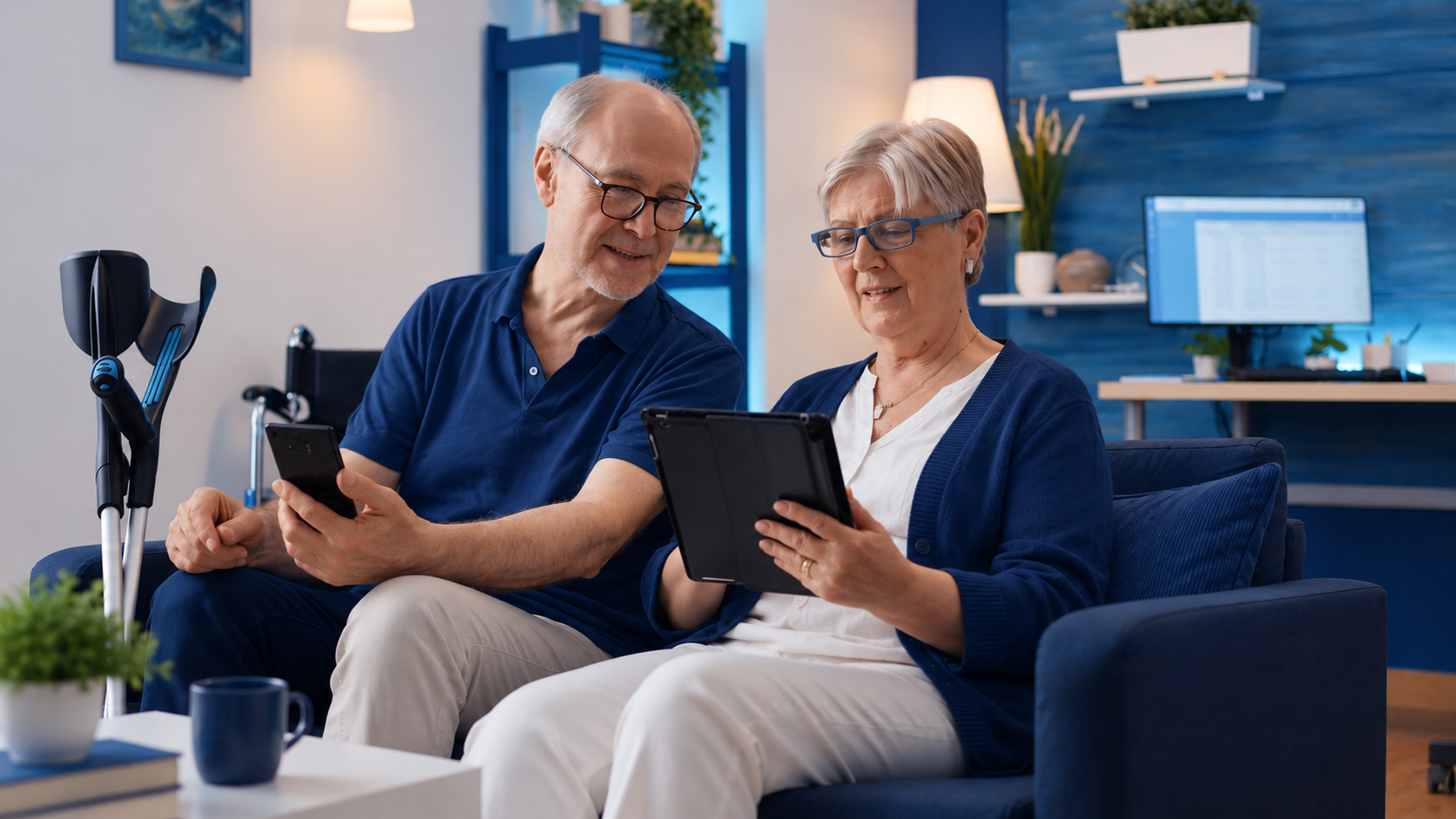 Casal idoso usando tablet e celular na sala de casa