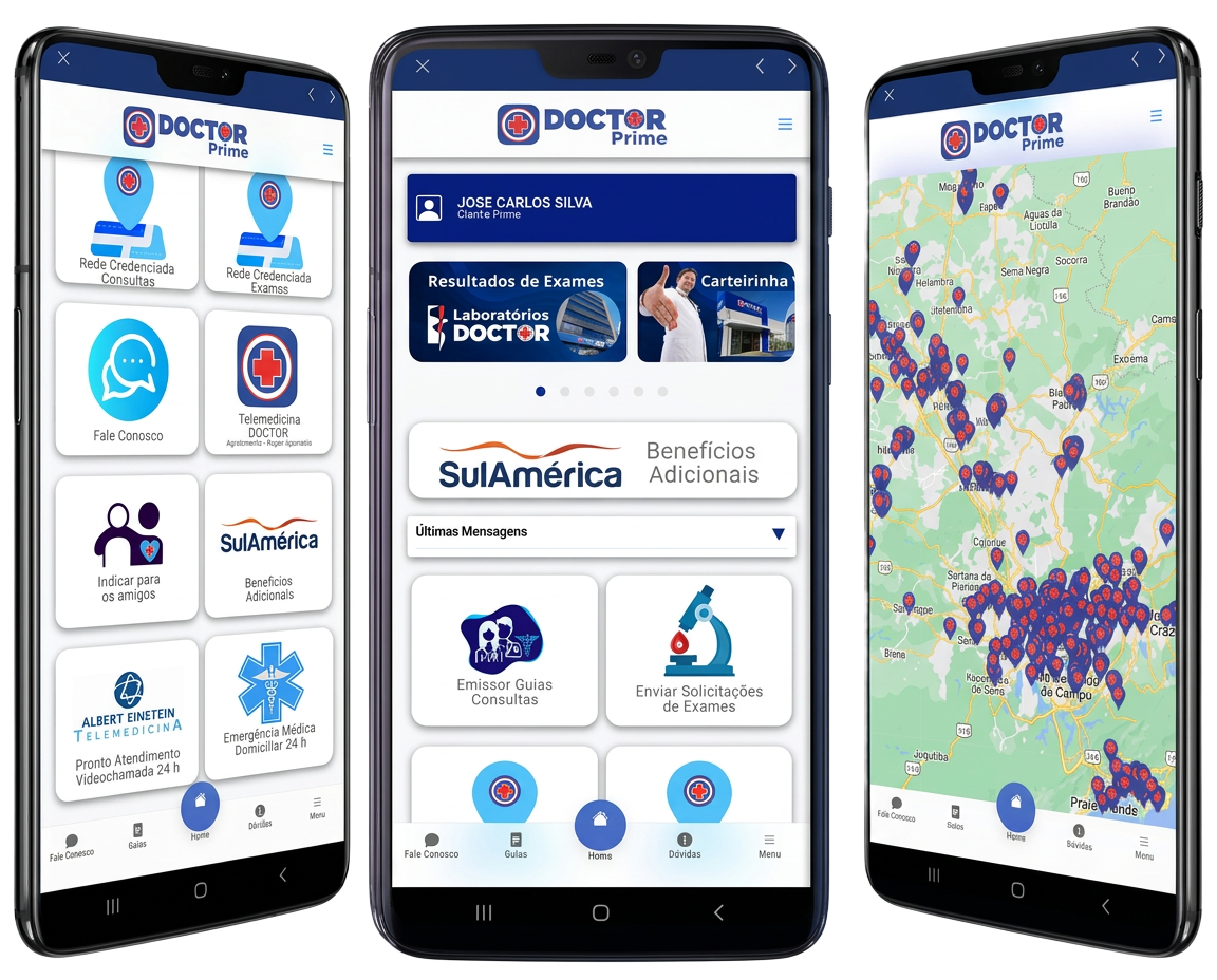 Telas do aplicativo Doctor Prime: rede credenciada, área do associado e mapa de unidades